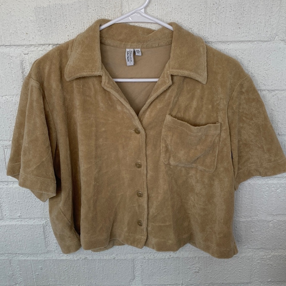 & Other Stories Beige Terry Cloth Button Front Oversized Short-Sleeve Shirt XS